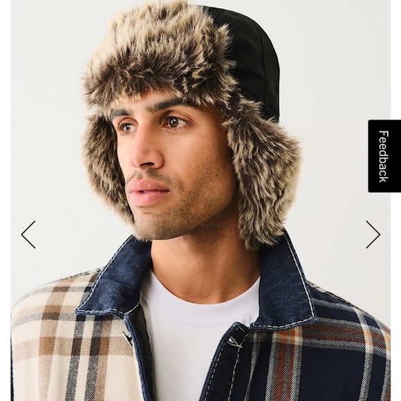 True Religion Trapper Hat Dark Blue Denim Faux Fur Horseshoe Pockets NWT - Picture 6 of 8